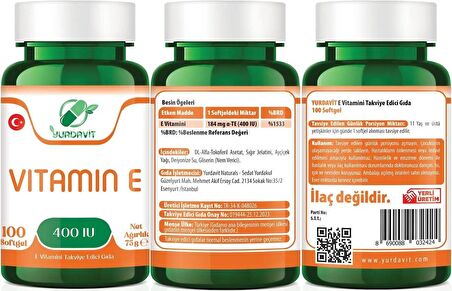 Yurdavit E Vitamini 400 IU 2x100 Softgel Vitamin E 