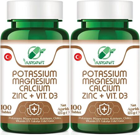 Yurdavit Potasyum Magnezyum Kalsiyum Çinko D3 Vitamini 2x100 Tablet Potassium Magnesium Calcium Zinc Vitamin D3