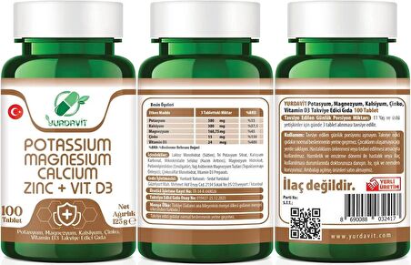 Yurdavit Potasyum Magnezyum Kalsiyum Çinko D3 Vitamini 4x100 Tablet Potassium Magnesium Calcium Zinc Vitamin D3