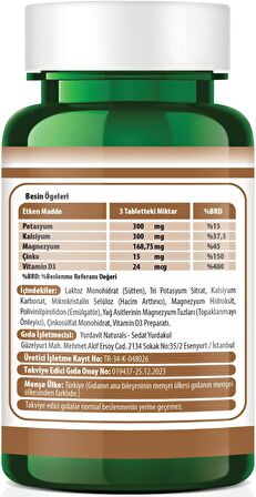 Yurdavit Potasyum Magnezyum Kalsiyum Çinko D3 Vitamini 100 Tablet Potassium Magnesium Calcium Zinc Vitamin D3