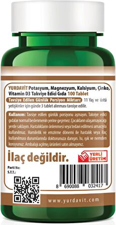 Yurdavit Potasyum Magnezyum Kalsiyum Çinko D3 Vitamini 100 Tablet Potassium Magnesium Calcium Zinc Vitamin D3