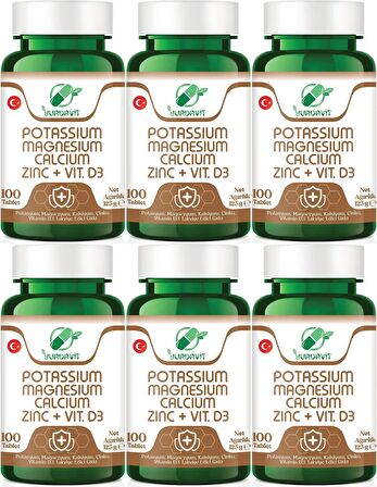 Yurdavit Potassium Magnesium Calcium Zinc Vitamin D3 6x100 Tablet Potasyum Magnezyum Kalsiyum Çinko D3 Vitamini