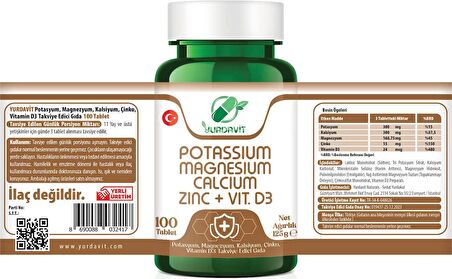 Yurdavit Potassium Magnesium Calcium Zinc Vitamin D3 3x100 Tablet Potasyum Magnezyum Kalsiyum Çinko D3 Vitamini