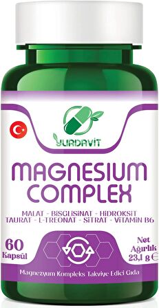 Yurdavit Magnesium Complex 60 Kapsül Malate Bisglycinate Hydroxide Taurate L-Threonate Citrate Vitamin B6