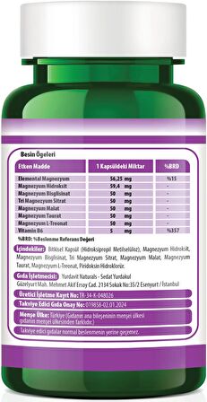 Yurdavit Magnesium Complex 60 Kapsül Malate Bisglycinate Hydroxide Taurate L-Threonate Citrate Vitamin B6