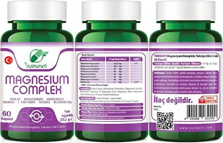 Yurdavit Magnesium Complex 2x60 Kapsül Malate Bisglycinate Hydroxide Taurate L-Threonate Citrate Vitamin B6	