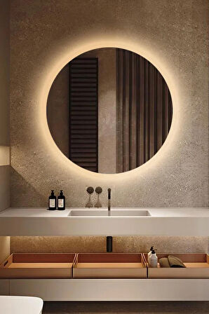 Fawdecor Led Işıklı Yuvarlak Model Dekoratif Duvar Aynası, Modern Eşsiz Ayna, Ayna Duvar Dekorasyon Ürünü 70 x 70 Cm Gün Işığı