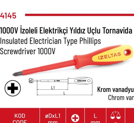 1000V İzoleli Elektrikçi Yıldız Uçlu Tornavida 3*60mm