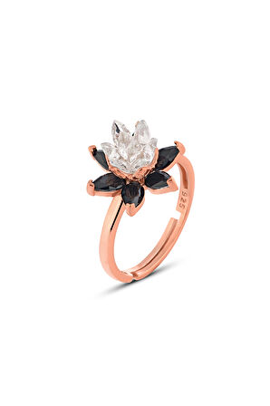 925 ayar Gümüş Siyah taşlı Rose Lotus Nilüfer Çiçeği Ayarlanabilir yüzük