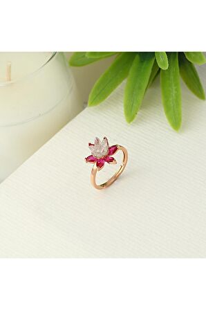925 Ayar Gümüş Rubi Taşlı Rose Lotus Nilüfer Çiçeği Ayarlanabilir Yüzük