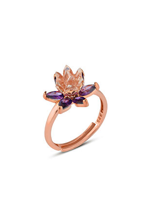 925 Ayar Gümüş Rose kaplama Ametist Taşlı Lotus Nilüfer Çiçeği Ayarlanabilir Yüzük