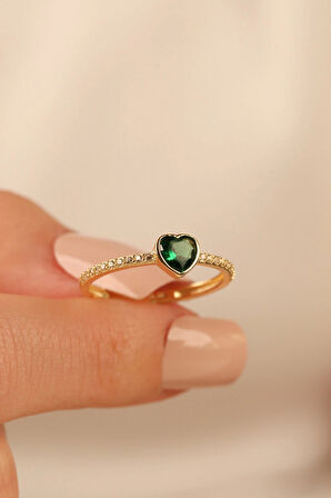 Yeşil Kalp Taşlı Altın Yüzük klpyzky001