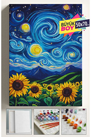 Sayılarla Boyama Seti Numaralı Tuval Fırça Boya Dahil Kasnaklı Set 50x70 Cm - YILDIZLI GECE AYÇİÇEĞİ