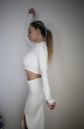 Maison La Femme Basic Beyaz Maxi Etek Crop Kazak Takım