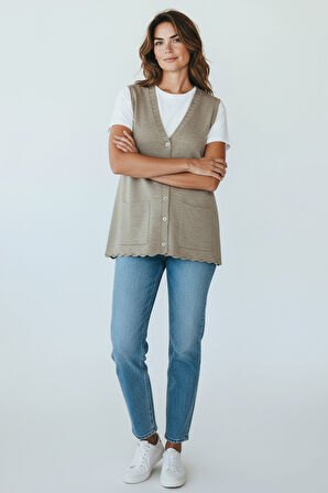 KADIN ÖNÜ DÜĞMELİ CEPLİ KALIN KIŞLIK KISA YELEK