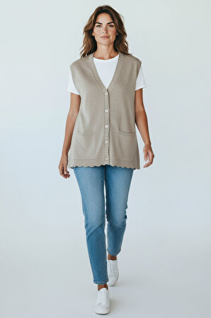 KADIN ÖNÜ DÜĞMELİ CEPLİ KALIN KIŞLIK KISA YELEK