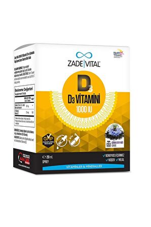 Zade Vital D3 Vitamini 1000 IU çörek otu yağı (Nigella sativa) içeren Sprey damla 20 Ml