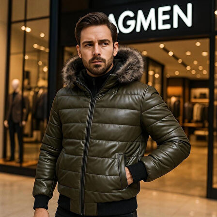 Erkek Kürk Yaka Şişme Suni Deri Mont