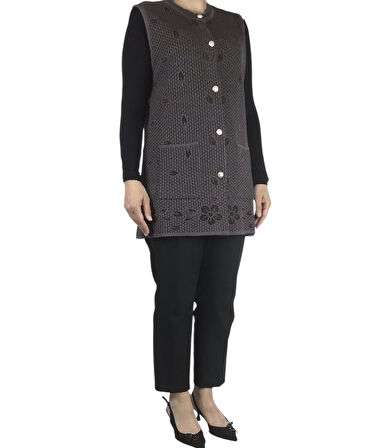 KADIN SİNLİ ÖNÜ DÜĞMELİ CEPLİ İNCE DELİKLİ YELEK