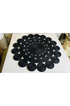 Siyah Yuvarlak Örme Jüt Halı - Siyah Hasır Halı - Örme Jüt Halı - Siyah Jüt Halı - Siyah Daire Halı