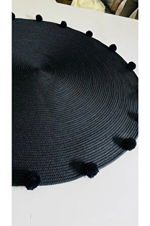 Yuvarlak Siyah Jüt Halı - Ponponlu Jüt Halı - Siyah Hasır Halı - Modern Siyah Halı