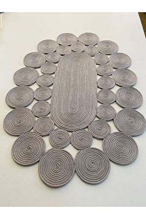 Gri Oval Hasır Halı - Gri Oval Jüt Halı - Gri Örme Jüt Halı