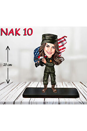 Kişiye Özel Ahşap Biblo - Kadın Asker Karikatür Biblo 10