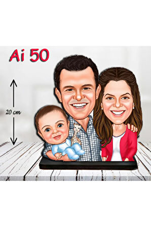 Kişiye Özel Ahşap Biblo - Aile Karikatür Biblo - 3 Kişilik Aile Biblo 13