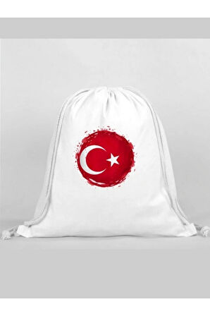Türk Bayrağı Baskılı Sırt Çantası - İp Büzgülü Spor Çanta