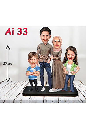 Kişiye Özel Ahşap Biblo - Tesettür Aile Karikatür Biblo - 4 Kişilik Aile Biblo