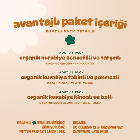 Organik Vegan Zencefilli Tahinli Ballı Kinoalı Kurabiyeler Atıştırmalık Paketi - 3 Adet (3 Çeşit)