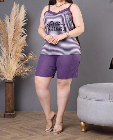 MODA KADIN Büyük Beden İp Askılı Bluz ve Şortlu Alt Üst Pijama Takımı