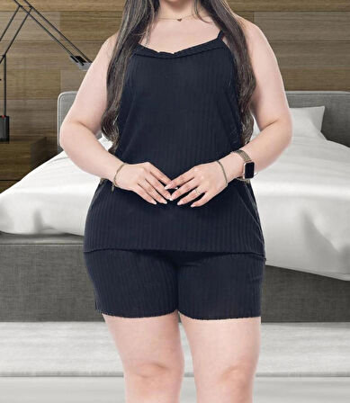 MODA KADIN Büyük Beden İp Askılı Bluz ve Şortlu Alt Üst Pijama Takımı