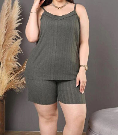 MODA KADIN Büyük Beden İp Askılı Bluz ve Şortlu Alt Üst Pijama Takımı
