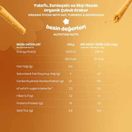 Organik Yulaflı Zerdeçallı ve Ekşi Mayalı Çubuk Kraker - 3 Adet