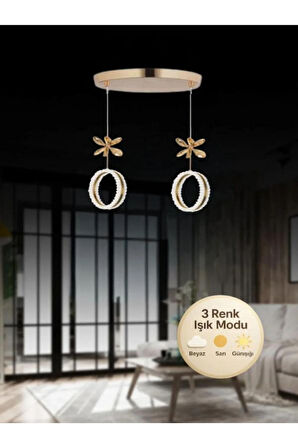 Zero Model 2"li Kristal Taşlı Gold 3 Renk Modu Ledli Salon Mutfak Oturma Odası Sarkıt Led Avize