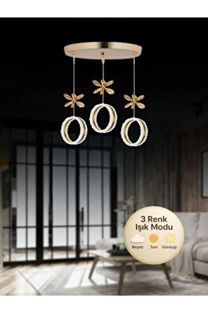 Zero Model 3"lü Kristal Taşlı Gold 3 Renk Modu Ledli Salon Mutfak Oturma Odası Sarkıt Led Avize