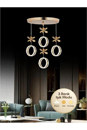 Zero Model 4"lü Kristal Taşlı Gold 3 Renk Modu Ledli Salon Mutfak Oturma Odası Sarkıt Led Avize