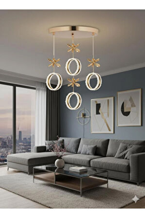 Zero Model 4"lü Kristal Taşlı Gold 3 Renk Modu Ledli Salon Mutfak Oturma Odası Sarkıt Led Avize