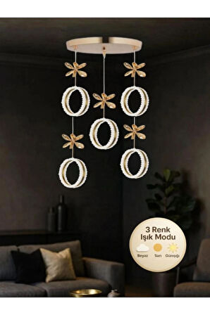 Zero Model 5"li Kristal Taşlı Gold 3 Renk Modu Ledli Salon Mutfak Oturma Odası Sarkıt Led Avize