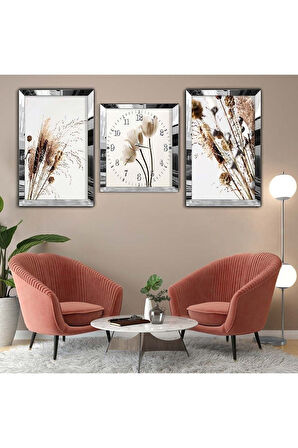 Gold Aynalı Pleksi Çerçeveli Beyaz Çiçek Üçlü Mdf Tablo Seti