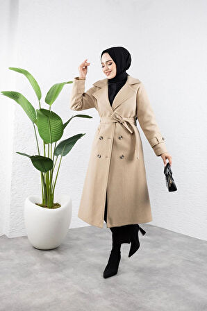 Kadın Kuşaklı Kaşe Kaban