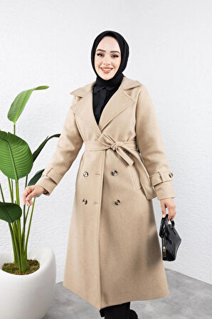 Kadın Kuşaklı Kaşe Kaban