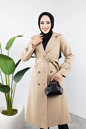 Kadın Kuşaklı Kaşe Kaban