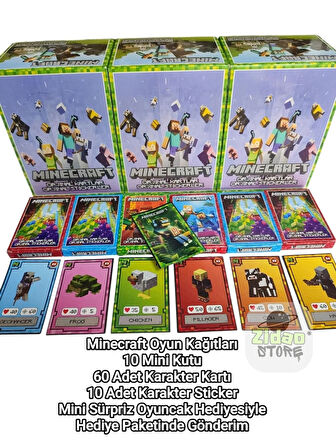 Minecraft Oyun Kartları 10 Mini Kutu 60 Karakter Kartı 10 Sticker Hediye Paketinde Oyuncaklı