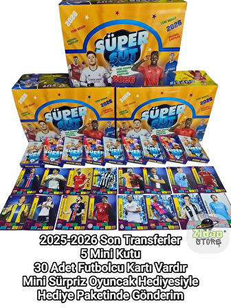  Süper Şut 2026 Yeni Sezon Futbolcu Kartları 5 Mini Kutu Toplam 30 Adet Hediye Paketli