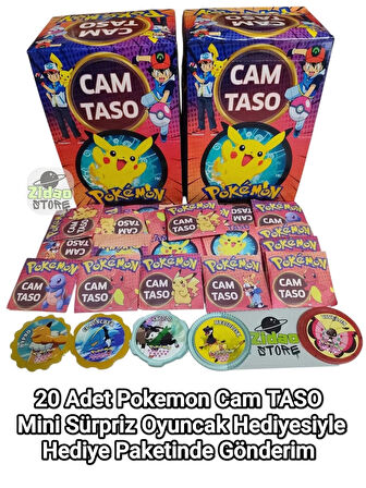 Pokemon Cam Taso 20 Adet Koleksiyon Tasoları Hediyeli Paket ve Mini Sürpriz Oyuncak ile Gönderim