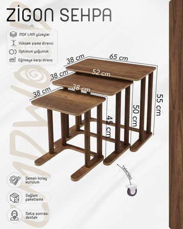 CMDWOOD Zigon Sehpa 3'lü Set Ceviz