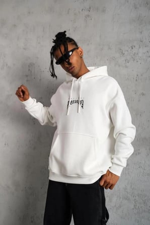 Erkek Baskılı Kapüşonlu Ve Kanguru Cepli Sweatshirt Hoodie - Beyaz