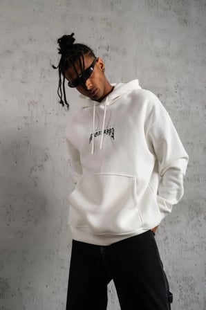 Erkek Baskılı Kapüşonlu Ve Kanguru Cepli Sweatshirt Hoodie - Beyaz